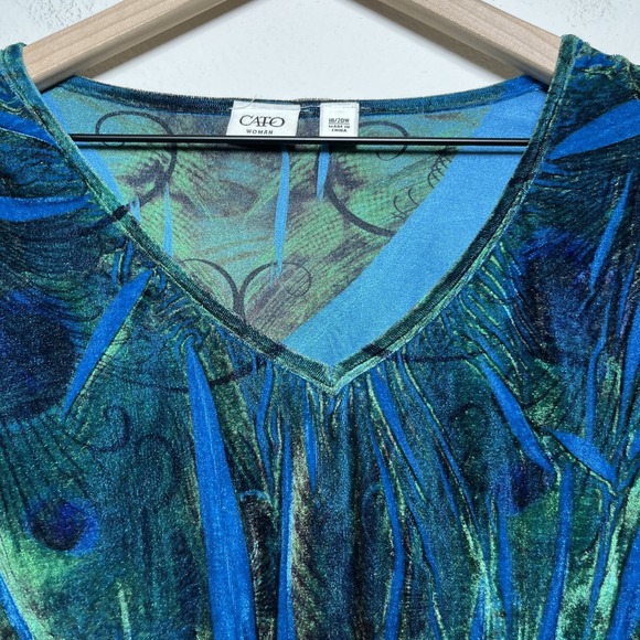 Women‎ Y2K Crushed Velvet Babydoll Top 1X Blue Green Empire Waist 3/4 Sleeve - Picture 3 of 10